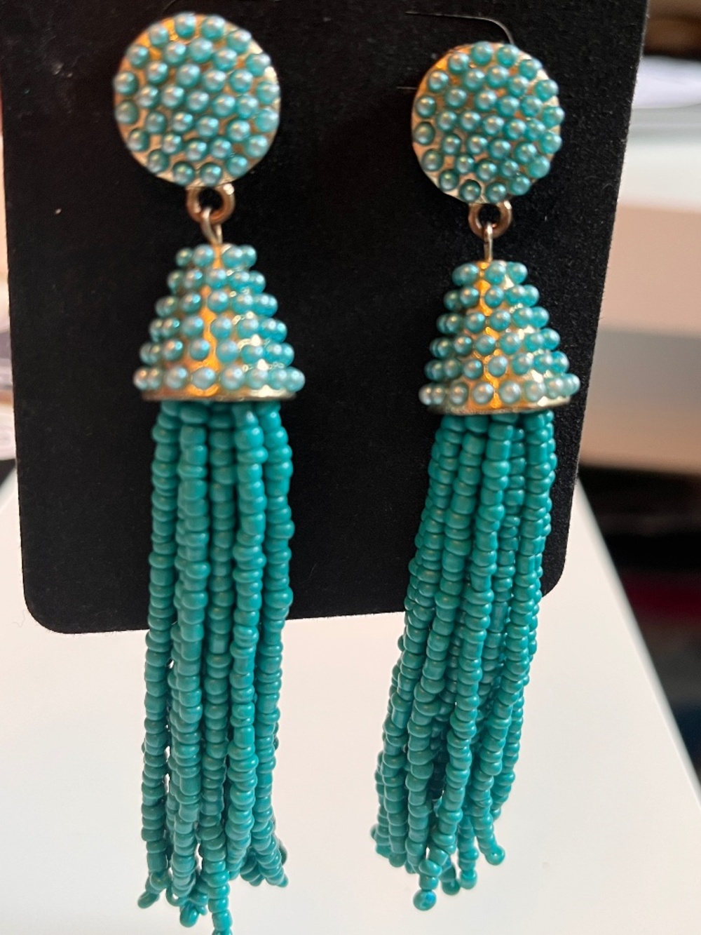 Turquoise Color Gold Long Beaded Tassel Earrings